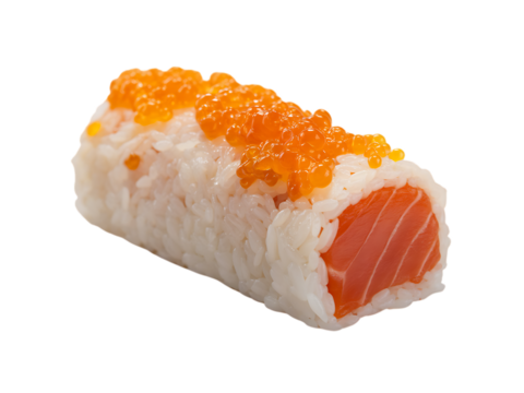 Close up of a single salmon sushi roll with caviar.