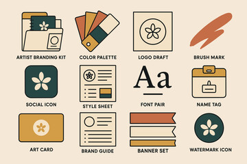 Creative branding kit elements: icons, logos, fonts, and design tools for visual identity