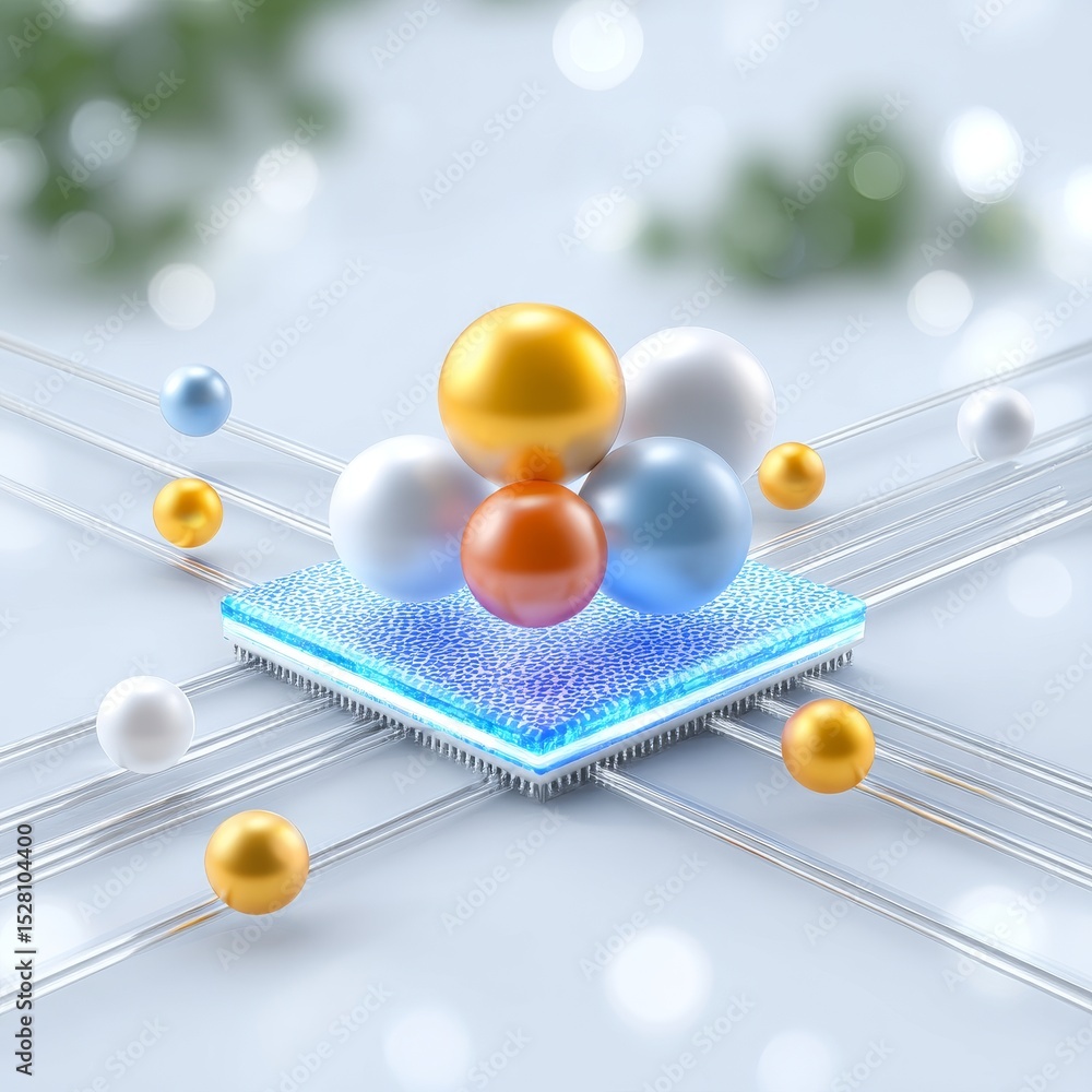 Poster innovative nanosized processor development bright white lab table digital art high-tech environment 