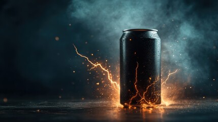 This image showcases a sleek black can surrounded by captivating lightning effects, creating an energetic and dynamic atmosphere that intrigues the viewer's imagination.
