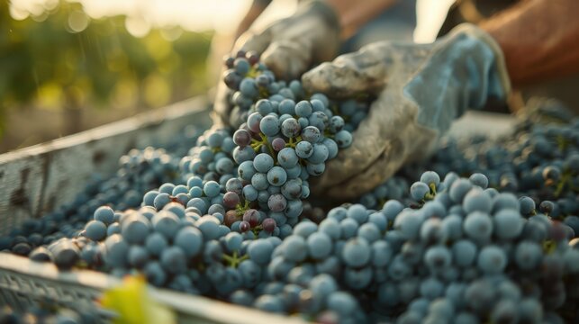 The image depicts hands collecting fresh blue grapes from a harvest in a vineyard, illuminating agricultural practices and the joy of farm-to-table experiences.