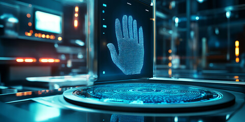 Biometric Handprint Scan on Digital Device, Futuristic Handprint Authentication Technology, Digital Handprint Recognition System for Security

