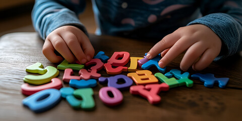 Child Playing with Colorful Alphabet Letters, Little Hands Sorting Colorful Letters, Kid Playing with Plastic Letters on Wooden Table

