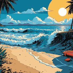 comic book style beach view vector illustration