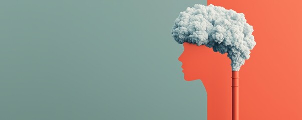 A silhouette of a person's head merges with a smokestack emitting thick pollution, symbolizing the impact of industrial pollution on human health and the environment.