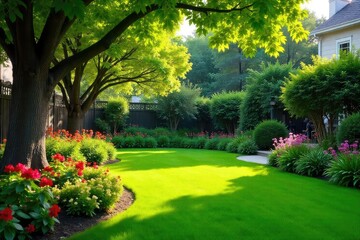 Serene backyard oasis featuring lush green lawn, vibrant flowerbeds, and mature trees providing shade Perfect for relaxation and outdoor entertaining , landscaping, horticulture, stone