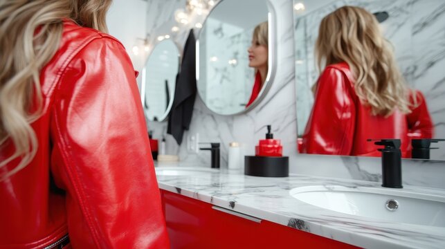 A stylish bathroom featuring vibrant red cabinetry, modern mirrors, and delicate marble counters, creating an inviting atmosphere for self-care and relaxation.