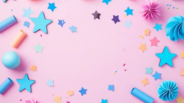 Colorful party decorations scattered on a pink background, creating a festive atmosphere