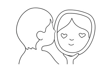 Child kissing reflection in mirror line drawing illustration