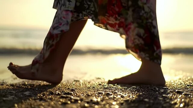 A cinematic close-up video of a woman walking barefoot on a beach, with the warm golden light of sunset casting long shadows