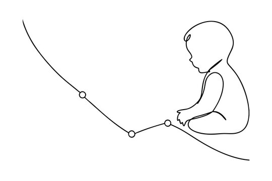 Baby sitting on line graph showing decline line drawing illustration