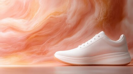 A pair of stylish white athletic sneakers showcased against a soft and abstract pastel background, emphasizing modern design and urban lifestyle choices.