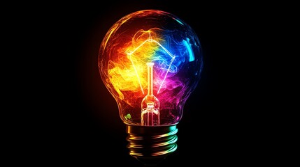 Vibrant rainbow colored smoke inside a glowing lightbulb against a black background.  Creative energy concept.