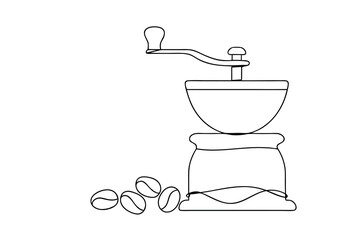 Manual coffee grinder line drawing illustration coffee beans