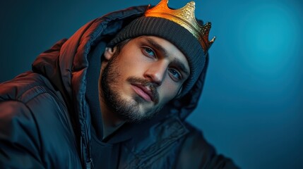 A fashionable young man wearing a crown and dark jacket creates a striking image, blending urban style with regal elements that evoke confidence and individuality.