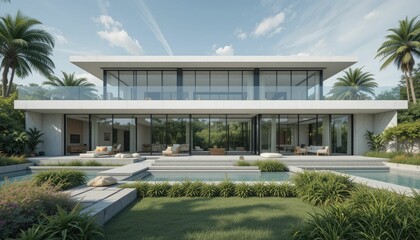 A modern, sleek home with lots of glass windows and a minimalistic style that includes a huge outside space with lush vegetation and contemporary landscaping