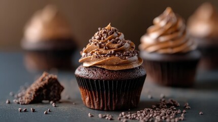A delectable display of chocolate cupcakes topped with rich whipped frosting and sprinkles, embodying the joy of dessert and special occasions in a delightful way.