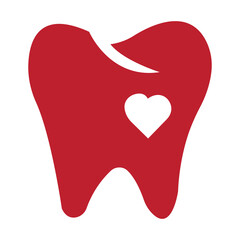 Red tooth icon with heart. concept of protection, healthcare, visual identity, hospital, denture, whitening. isolated on white background. flat style trend modern logotype design vector illustration
