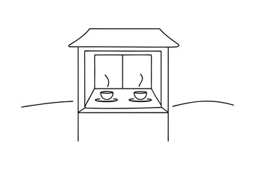 Simple line drawing two cups of tea small house
