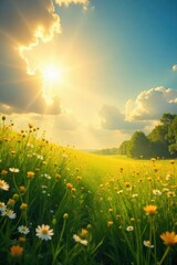 Obraz premium Serene landscape of a sun-drenched meadow, bathed in golden light, evokes a sense of divine peace and tranquility Perfect for spiritual, nature, or fantasy themes , vibrant, fantasy