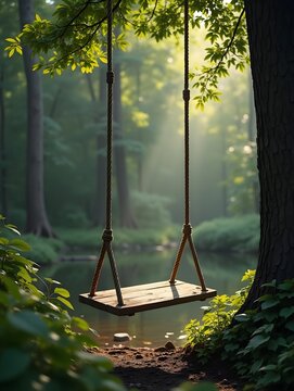 A swing hanging from a tree in the middle of a forest