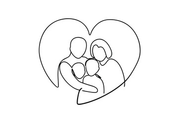 Family of four embracing inside heart line drawing
