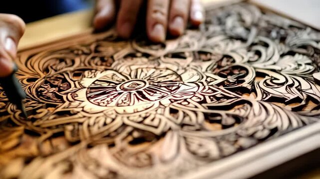 Close-up of craftsman meticulously carving intricate floral mandala design into light wood surface with sharp tool, artisanal woodworking creation