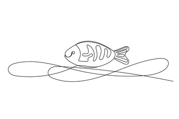 Line Art Fish Symbol. One Continuous Outline Drawn Contour Marine Animal. Underwater Mascot Sign. Healthy Fresh Diet Mediterranean Food Ingredient.  Aquatic Wild Fish Sea Animal.