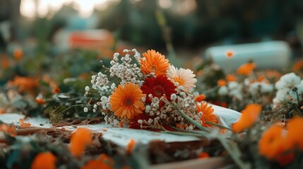 An artistic portrayal of a vibrant bouquet of flowers among a natural setting, symbolizing beauty, growth, and the transient nature of life through rich colors and textures.