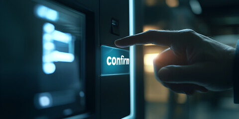 Close-Up of Finger Pressing Confirm Button, Digital Screen with Confirm Button, Person Confirming on Touchscreen Interface

