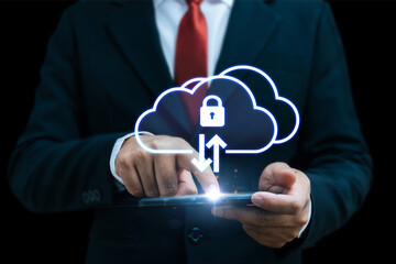 Backup Storage Management. business man backup file on mobile smartphone, download and upload file,...