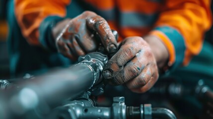 A close-up image focusing on dirty hands skillfully assembling mechanical components, highlighting the hard work and technical proficiency involved in craftsmanship.