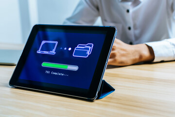 download file transfer on mobile smart tablet in meeting room office, data center, cloud computing,...