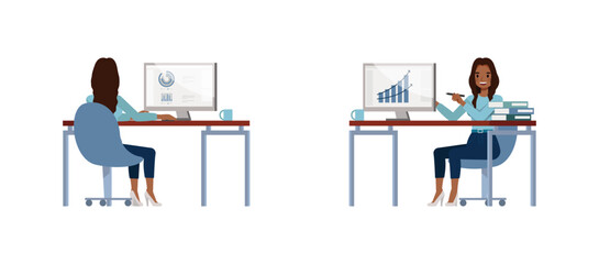 Black businesswoman with long wavy hair wear blue shirt. Women sitting and working with computer flat character vector illustration design set.