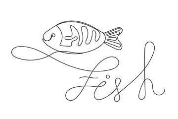 Line Art Fish Symbol. One Continuous Outline Drawn Contour Marine Animal. Underwater Mascot Sign. Healthy Fresh Diet Mediterranean Food Ingredient.  Aquatic Wild Fish Sea Animal.