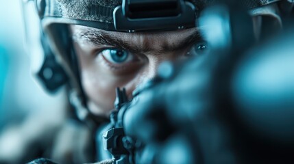 This striking image showcases a focused soldier with intense eyes, aiming with precision in a military context, conveying themes of strength, vigilance, and the challenges of combat.
