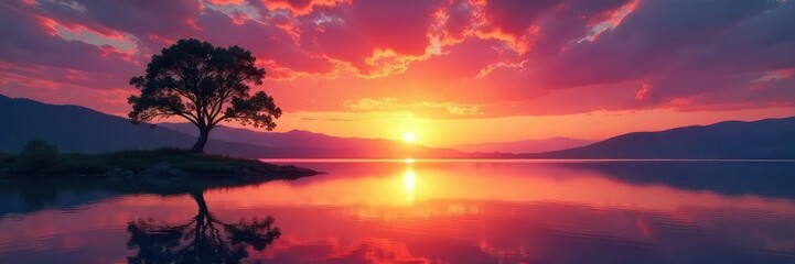 Obraz premium Serene sunset over a tranquil lake, reflecting the vibrant colors of the sky A single, majestic tree stands silhouetted against the fiery hues, embodying peaceful solitude , solitude, wilderness