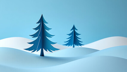 Obraz premium Minimalist paper cutout winter scene with blue trees