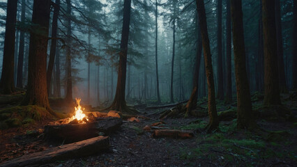 fire in the evening pine forest