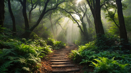 path in the morning forest