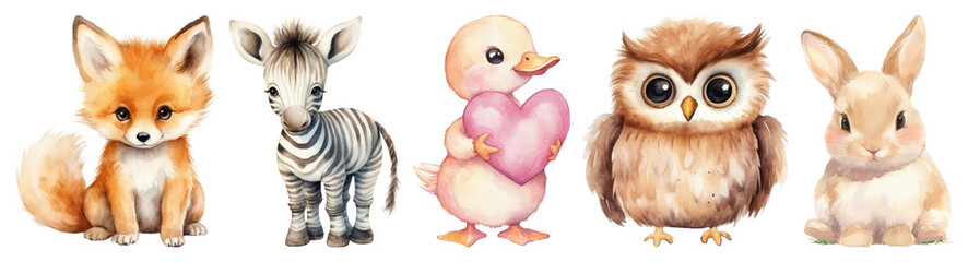 Fototapeta premium PNG Cute watercolor animal friends, element set on transparent background