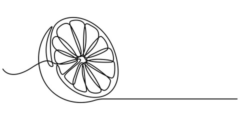Continuous one line drawing of an orange fruit slice, minimal black line sketch on white background, citrus vector illustration, Artistic depiction of vibrant oranges with sliced fruit in the center. 