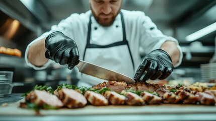 An expert chef skillfully slices succulent roast meat in a bustling kitchen, highlighting the artistry and precision that goes into creating gourmet meals.