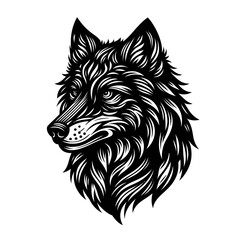 Fototapeta premium A black and white vector illustration of a wolfs head in a stylized linocutlike design