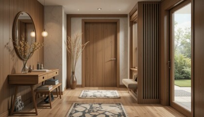 Stylish modern wooden entryway hallway decor with a warm wooden tone, modern house with desk, stand, and shoe bench