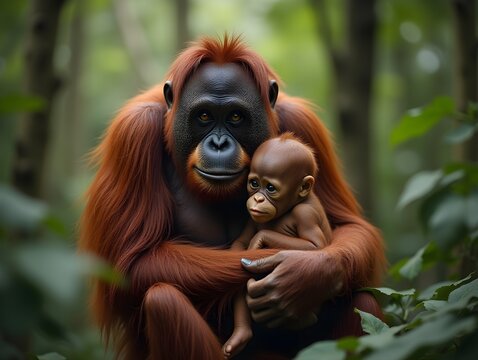 Mother orangutan embracing her baby in the jungle..