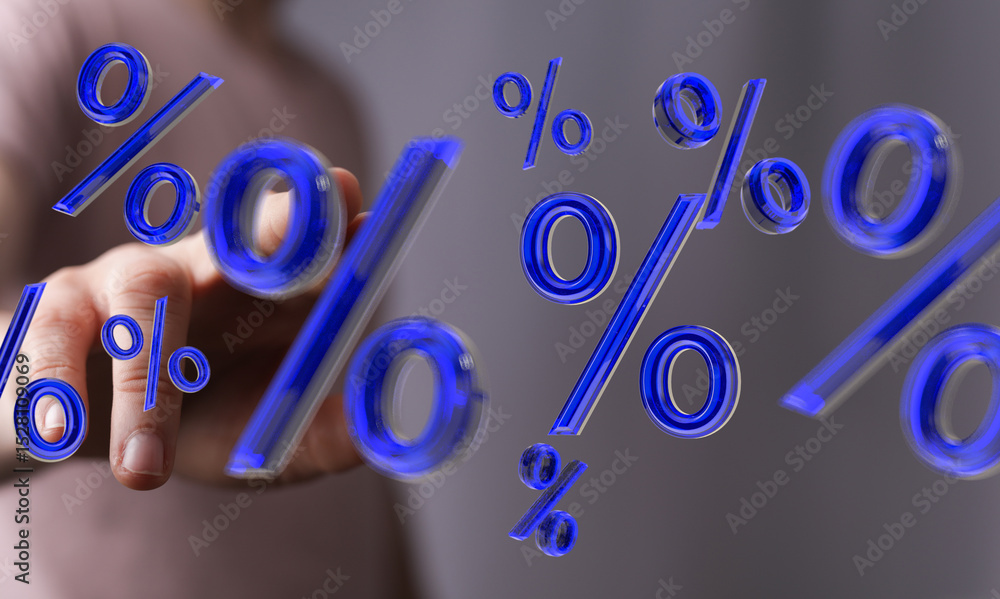 Poster abstract image of a person interacting with floating percentage symbols, ideal for finance, discount