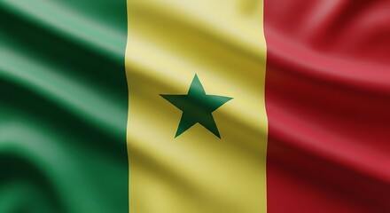 Naklejka premium Waving flag of Senegal with green, yellow, and red vertical bands and a green star in the center.