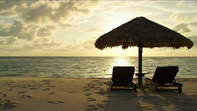A cinematic sunrise scene on a tropical beach with two wooden lounge chairs under a thatched hut umbrella, facing the ocean.