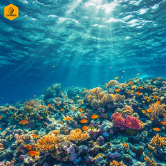 Naklejka premium Sunlit coral reef teeming with vibrant fish